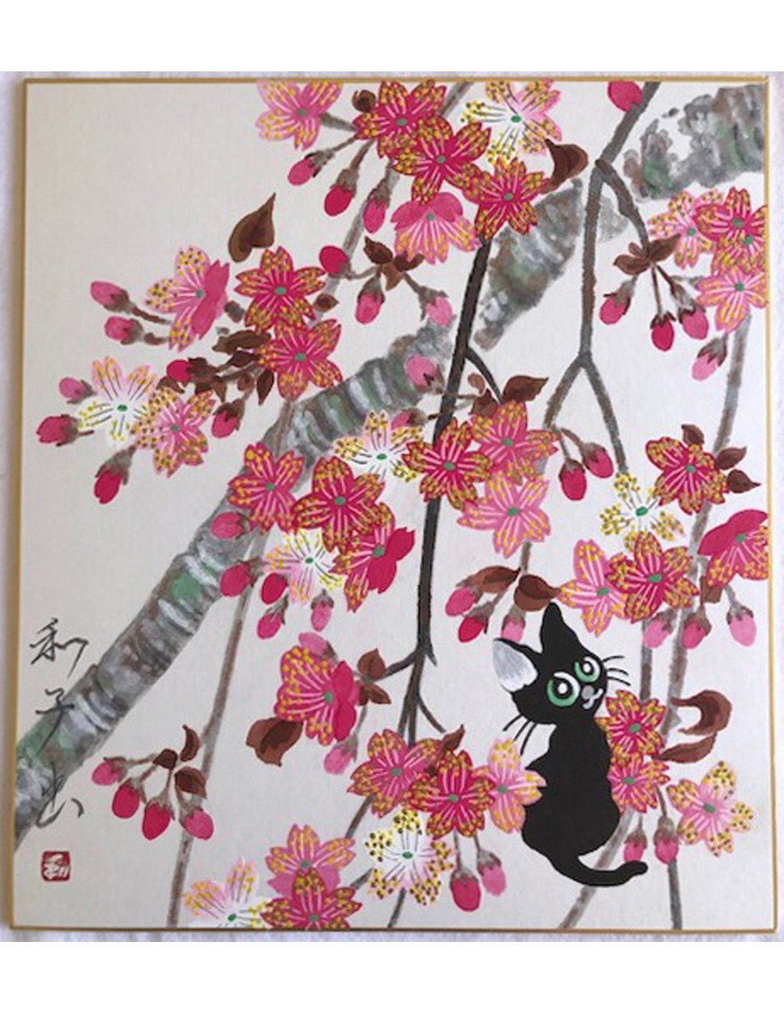 Dipinto Giapponese carta Shikishi - Sakura e Gatto